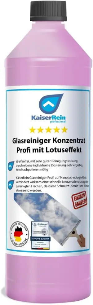 KaiserRein Glasreiniger Konzentrat mit Lotuseffekt 1L unser Profi Fenster-Reiniger I Fenstersauger geeignet I streifenfrei für Glas Fenster und Spiegel
