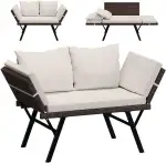 STEELSØN Elytra Gartenbank mit Auflagen & Kissen – klappbares Loungesofa beige – Rattan Sonnenliege wetterfest – Terrassen Sitzbank Liegefunktion bis 177 cm – Gartencouch mit verstellbaren Armlehnen