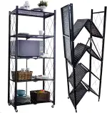 STREND PRO Faltbares Regal mit Rollen, 5 Etagen, zusammenklappbarer Aufbewahrungswagen, 250 kg Räder, Aufbewahrungsregal aus schwarzem Metall, Klappregal für Küche, Büro