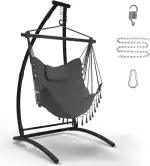 C Type Hängesessel mit Gestell, Schwarz Hängemattengestell und Grau Hängeschaukel, Stoffschaukel mit Bequemen Kissen, Hängesessel Outdoor, Hängemattenständer für Balkon, Terrasse, hält bis zu 150kg