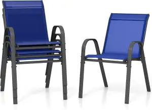 GOPLUS Gartenstühle 4er Set, Bistrostuhl stapelbar mit Rückenlehne Armlehne, Balkonstuhl aus Metall bis 150 kg belastbar, Stapelstuhl Essstuhl Outdoor für Garten Terrassen Balkon Pool (Blau)