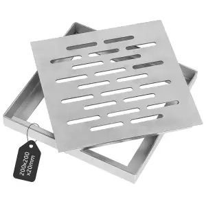 Edelstahl Bodenablauf mit Rahmen, Abflussgitter Quadratisch, Bodenablaufabdeckung rutschfest, Abflussabdeckung für Außenbereich, Badezimmer, Garten, Terrasse Anti Blockier(200 x 200 x 20 mm)