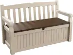 Keter Sitzbank Eden für Balkon und Garten, Gartenbank mit integrierter Kissenbox mit 265 l Stauraum, 140x60x84cm, wetterfest, pflegeleicht, beige, Outdoor, Holzoptik