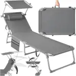 tectake® Sonnenliege klappbar, tragbar, Liege mit Seitentasche, Strandliege, Gartenliege mit Dach, Liegestuhl mit Verstellbarer Rückenlehne, inkl. Kopfkissen - für Balkon, Terrasse, Camping - grau