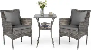 COSTWAY 3 TLG. Polyrattan Gartenmöbel mit Glastisch und Kissen, Rattanmöbel Sitz