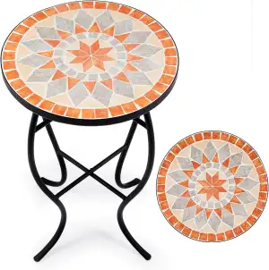 VONLUCE Mosaik Beistelltisch 14" Runder Mosaiktisch Metalltisch Kaffeetisch Blumenhocker Blumenständer PflanzenständerGartentisch (Orange&Beige)