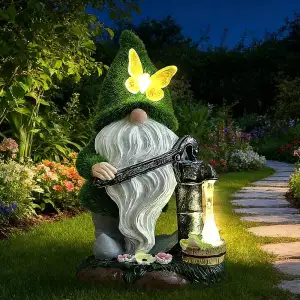 Beflockter Harz Zwerg, 21CM Gartenzwerg Wetterfest Figur mit LED Solarlaterne, G