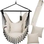 tectake® Hängesessel Outdoor wetterfest oder Indoor mit Tabletfach und Getränkehalterung, Makramee Schaukel für Balkon, Hängestuhl Garten, Hängeschaukel belastbar bis 150 kg - beige