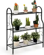 COSTWAY 3-stufige Metall Blumentreppe, Pflanzenständer Pflanzenregal Pflanzentreppe, Blumenregal belastbar bis 35 kg, Blumenbank für Garten Balkon Indoor Outdoor, Schwarz, 72 x 25 x 85 cm