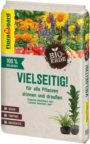 Floragard Bio-Erde Vielseitig 10 L – torffreie, vegane Bio-Universal- & Blumenerde mit lockerer Struktur & guter Wasserspeicherung – ideal für Zimmer-, Balkon-, Kübel- & Gartenpflanzen