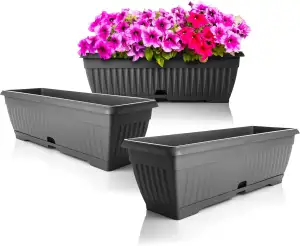 BigDean 3X Blumenkasten Balkon mit Untersetzer - Anthrazit 50 cm Balkonkasten Pf