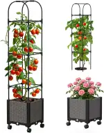 SUNYRISY Hochbeet mit Tomaten Rankhilfe, Blumenkasten mit Rankgitter und Rollenrad, Selbstbewässerung Pflanzkasten Pflanzkübel mit Garten Obelisk für Balkon Terrasse Kletterpflanzen