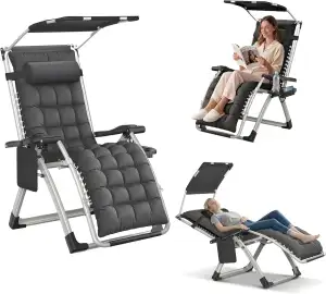 UISEBRT Liegestuhl Klappbar mit Sonnendach,Relaxliege Verstellbar 90-170° mit Nackenkissen, Geträ...