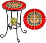 VONLUCE Mosaik Beistelltisch Runder Retro Mosaiktisch Metalltisch Kaffeetisch 35,5x54,5cm Blumenhocker Blumenständer Pflanzenständer Blumenregal mit Mosaikplatte 14" (Rot)