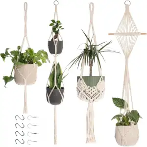 Makramee Blumenampel Hängend Innen, 4er Set Boho Deko Makramee Hängeampel mit Ha