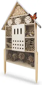 wildlife friend Insektenhotel XXL Stehend - Bienenhotel mit Standfuß 76 cm, Metalldach - Groß Wildbienenhotel - Insektenhaus für Bienen, Marienkäfer & Schmetterlinge | Insektenhotel Bausatz, Holzfarbe