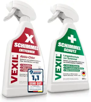 VEXIL Schimmelbekämpfung Duo – Schimmelentferner mit AKTIV-CHLOR + Schimmelschutz Spray – Schimmel entfernen & Neubefall verhindern – Bis zu 18 Monate Langzeitschutz – 2x 500 ml – Made in Germany