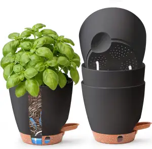 T4U 15cm 4er Set Selbstbewässernder Kräutertopf für Fensterbank & Küche – Basili