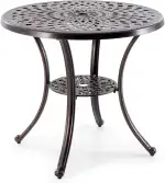 COSTWAY Gartentisch mit Schirmloch und unterer Ablage, runder Balkontisch aus Aluminiumguss, wetterfester Terrassentisch für Garten, Balkon, Terrasse, 79 x 79 x 71 cm