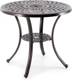 COSTWAY Gartentisch mit Schirmloch und unterer Ablage, runder Balkontisch aus Al