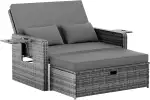 Amopatio Rattan Gartenlounge Outdoor Set, 2-Sitzer Gartensofa mit Verstellbarer Rückenlehne und Stauraum, Wetterfestes Lounge Möbel für Balkon und Terrasse, mit Hocker und Kissen, Grey
