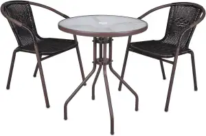 Nexos Bistroset – 1 Glastisch & 2 Stühle – Stahlgestell Poly-Rattan Glasplatte –