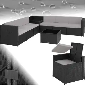 tectake Polyrattan Gartenlounge, frei zu gruppierende Balkon Möbel, Gartenmöbel Set mit einem Beistelltisch Outdoor, inkl. Auflagenbox und Sitz- und Rückenkissen - schwarz