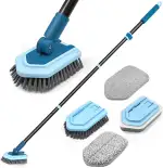 JEHONN Schrubber mit Stiel, Reinigungsbürste Bad mit Teleskopstange 130 cm, 4 Verschiedene Schwamm Bürste für Terrasse, Fliesen, Badewanne (Blau)