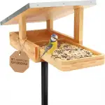 SteadyNature I Vogelhaus mit Ständer wetterfest modern mit Futterschale und Erdspieß I offene Bauweise zur Vogelbeobachtung I Futterhaus für Vögel stehend aus Holz mit Blechdach – Vogelfutterstation
