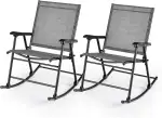 GOPLUS Schaukelstuhl Outdoor, 2er Set Gartenstuhl klappbar mit hoher Rückenlehne, Armlehnen & Fußstütze, Balkonstuhl aus Metall bis zu 150kg, Klappstuhl Terassenstuhl für Garten, Veranda & Pool