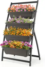 HOMASIS 4-stufiges Hochbeet, Vertikales Blumenbeet mit 4 Blumentöpfe, Vertikalbeet mit Drainagelö...