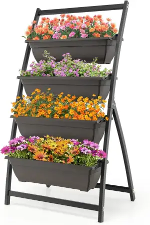 HOMASIS 4-stufiges Hochbeet, Vertikales Blumenbeet mit 4 Blumentöpfe, Vertikalbe