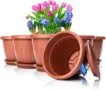 BigDean 6X Blumentopf mit Untersetzer rund ø33xH25 cm Terracotta - wetterfester Pflanzkübel - Wasserablauf UV-beständig aus bruchsicherem Kunststoff - Innen + Außen geeignet - Made in Europe