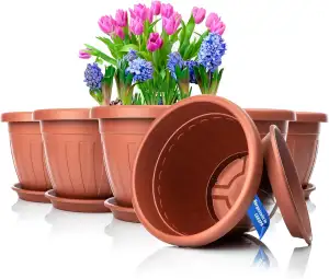 BigDean 6X Blumentopf mit Untersetzer rund ø33xH25 cm Terracotta - wetterfester 