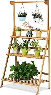 COSTWAY Pflanzenregal mit höhenverstellbarer Hängestange, Pflanzenleiter mit 3 E