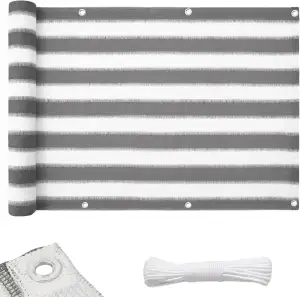 Floordirekt Balkon Sichtschutz ohne bohren wetterfeste Balkonverkleidung Inkl. Befestigungsschnur, robuste Balkonabdeckung, Balkonbespannung 90x500cm (Gestreift Grau-weiß)