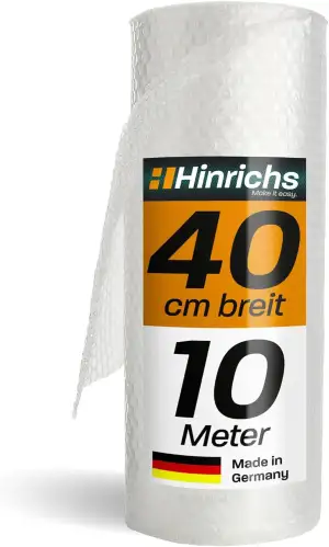 Hinrichs Luftpolsterfolie Rolle 10m x 40 cm - Ideal für Versand, Verpackung und Umzug - 100% recyclingfähig - Bubble Wrap als Verpackungsmaterial - Noppenfolie - Polstermaterial
