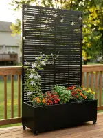 Hochbeet mit Sichtschutz, Metall Pflanzkasten mit Rankgitter und Rollen, freistehender Pflanzkübe...
