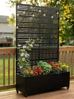 Hochbeet mit Sichtschutz, Metall Pflanzkasten mit Rankgitter und Rollen, freiste