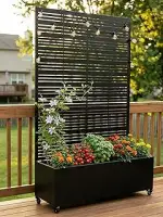 Hochbeet mit Sichtschutz, Metall Pflanzkasten mit Rankgitter und Rollen, freistehender Pflanzkübe...