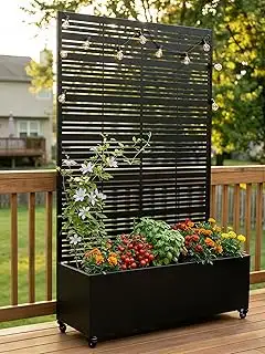 Hochbeet mit Sichtschutz, Metall Pflanzkasten mit Rankgitter und Rollen, freiste