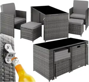 tectake Poly Rattan Sitzgruppe, 5- teiliges Lounge Gartenmöbel Set mit Tisch, Sessel & Hocker, Essgruppe für bis zu 4 Personen, Garten und Balkon Möbel inkl. Polster - grau