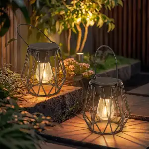 Solarlampen für Außen Hängend/Stehend, 2 Stück IP65 Wasserdicht Metall Solar Laterne, Retro LED Solar Laternen Diamant für Draußen, Garten, Balkon, Outdoor, Terrassen Warmweiß