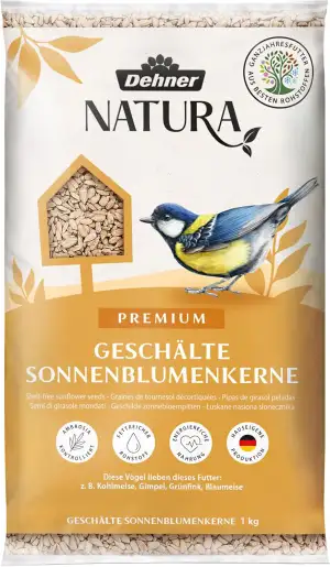 Dehner Natura Premium Wildvogelfutter, Sonnenblumenkerne schalenfrei, Ganzjahresfutter proteinreich / energiereich, hochwertiges Vogelfutter für Wildvögel, 1 kg