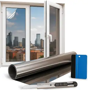 Folindo Fensterfolie Sonnenschutz - 100x61cm - 50% Silber Verspiegelung/Spiegelf