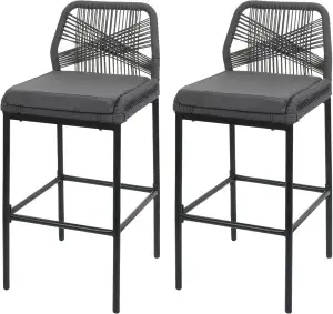 2er-Set Rope-Barhocker HWC-O21, Outdoor Sitzpolster Seilgeflecht Metall - anthra