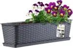 KADAX Blumenkasten 60 cm Grafit mit Untersetzer, Rattan-Optik – Pflanzkübel für Balkon oder Terra...