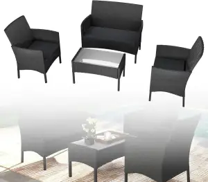 UISEBRT Balkonmöbel Set - Gartenmöbel Set Polyrattan Sitzgruppe Lounge mit 2-er Sofa, Tisch, Singlestühle und Anthrazit Sitzkissen, Schwarz