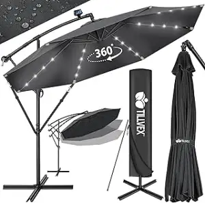 tillvex Alu Ampelschirm + Abdeckung LED Solar Ø 300 cm mit Kurbel, Abdeckung + Ständer | Sonnensc...