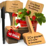 Pflanzenschilder Holz 40 Stk | 20 Pflanzschilder blank zur individuellen Beschriftung & 20 gravierte Schilder mit gängisten Kräuter & Gemüsearten | Kräuterschilder wetterfest | Pflanzenschilder